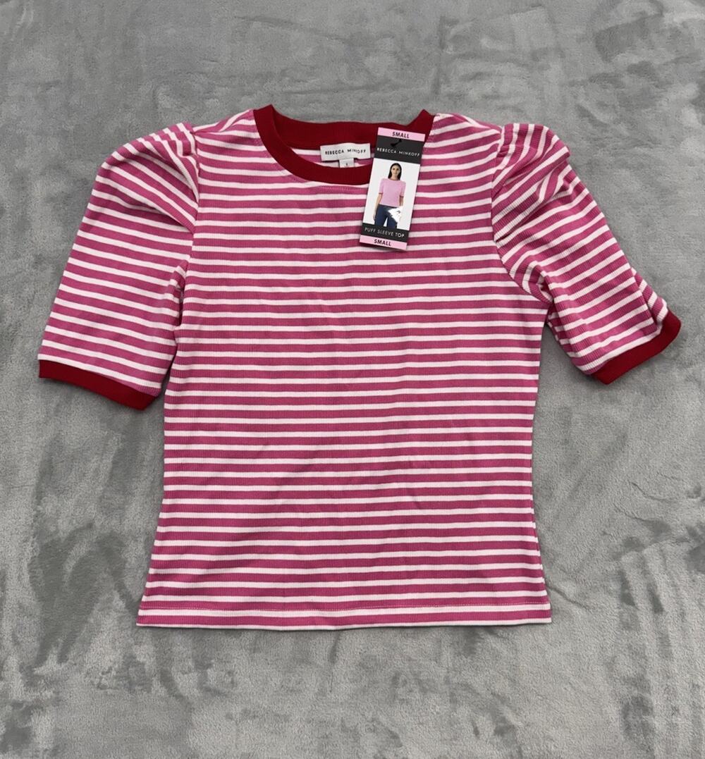 Rebecca Minkoff Women's Pink Stripes Puff Sleeve Top Size Small NWT